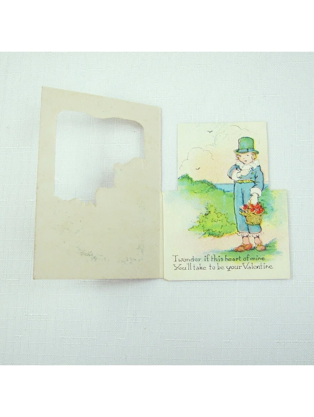 Vintage Valentine Die cut Fold 3D Card Cute Girl & Boy Garden 1920s-30s UNSIGNED